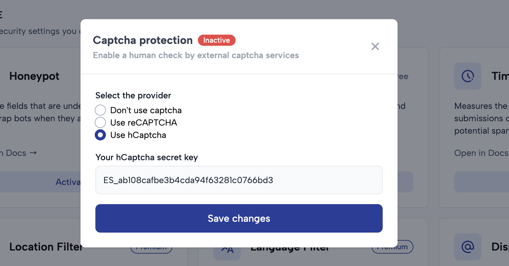 Configuring hCaptcha in Comfyform