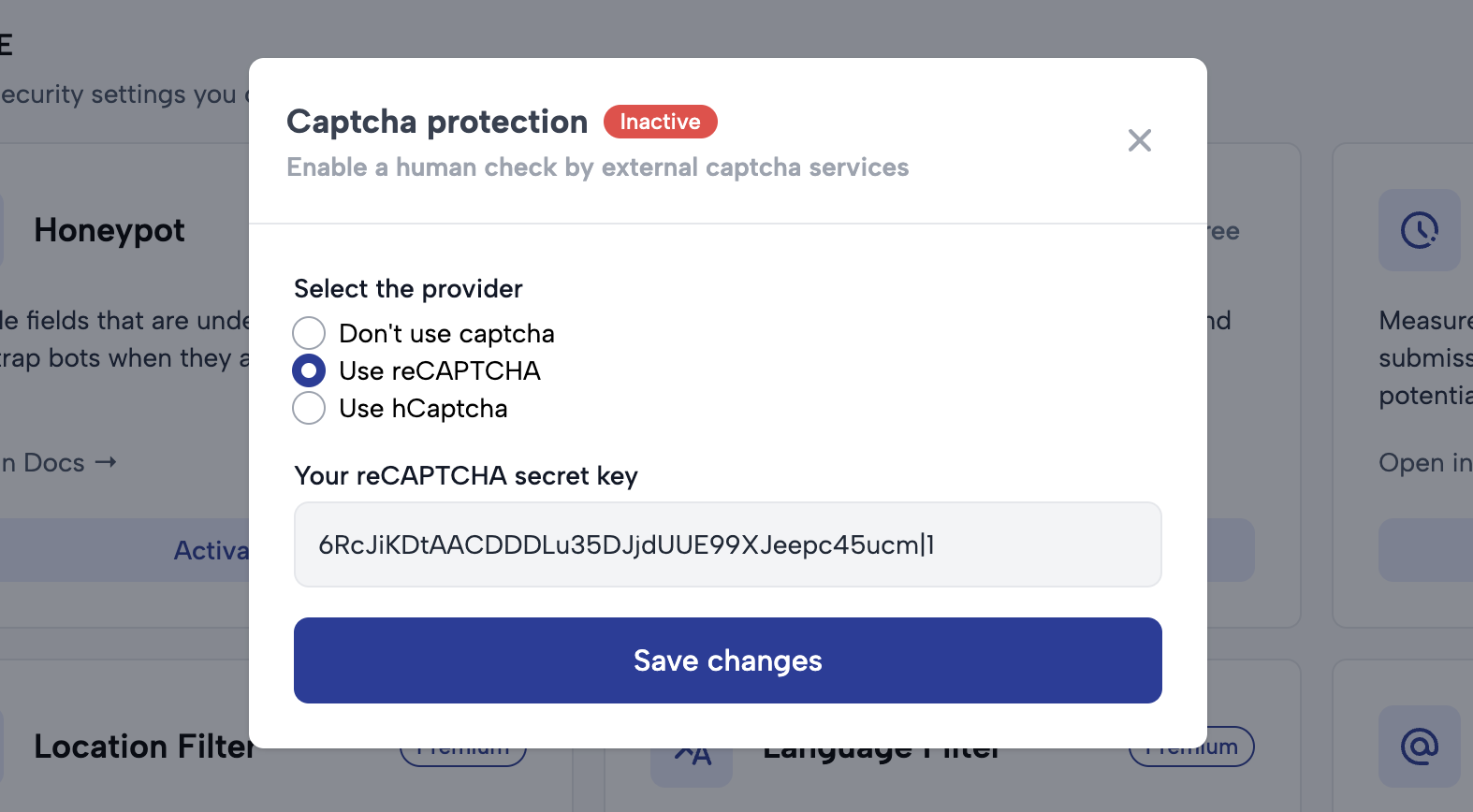 Setting up reCAPTCHA in Comfyform dashboard